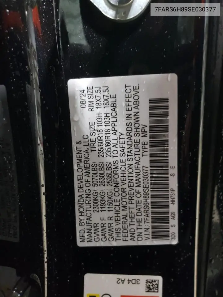 2025 Honda Cr-V Sport-L VIN: 7FARS6H89SE030377 Lot: 58857735