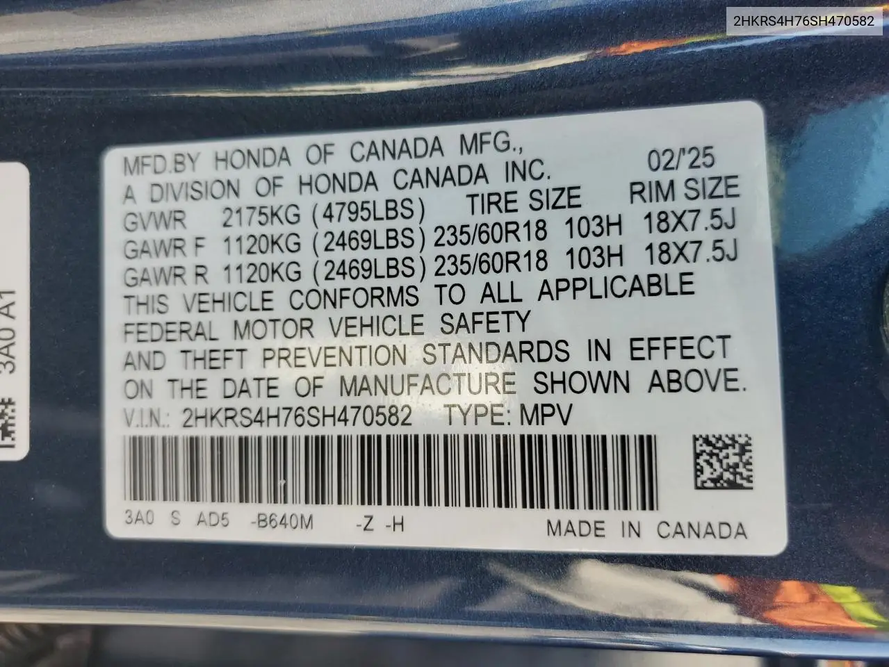 2025 Honda Cr-V Exl VIN: 2HKRS4H76SH470582 Lot: 60562595