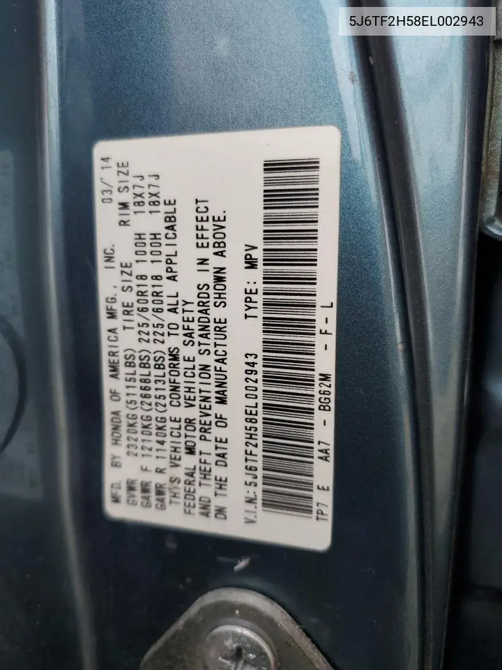 2014 Honda Crosstour Exl VIN: 5J6TF2H58EL002943 Lot: 60472525