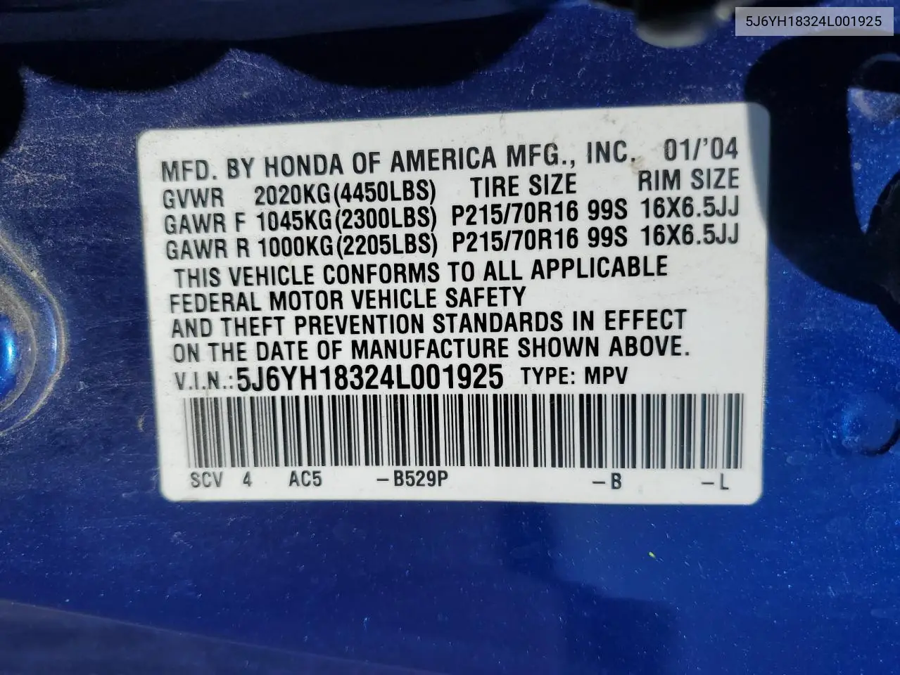 2004 Honda Element Lx VIN: 5J6YH18324L001925 Lot: 56248855
