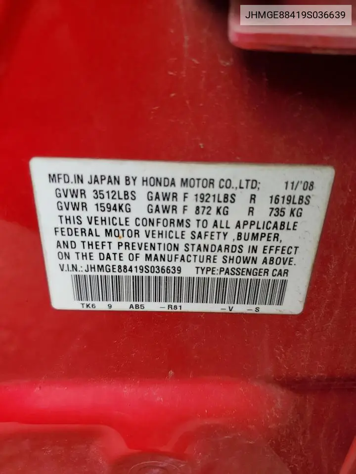 2009 Honda Fit Sport VIN: JHMGE88419S036639 Lot: 56656185