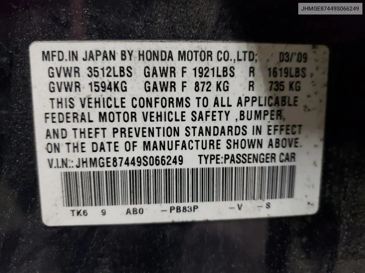 2009 Honda Fit Sport VIN: JHMGE87449S066249 Lot: 56694985