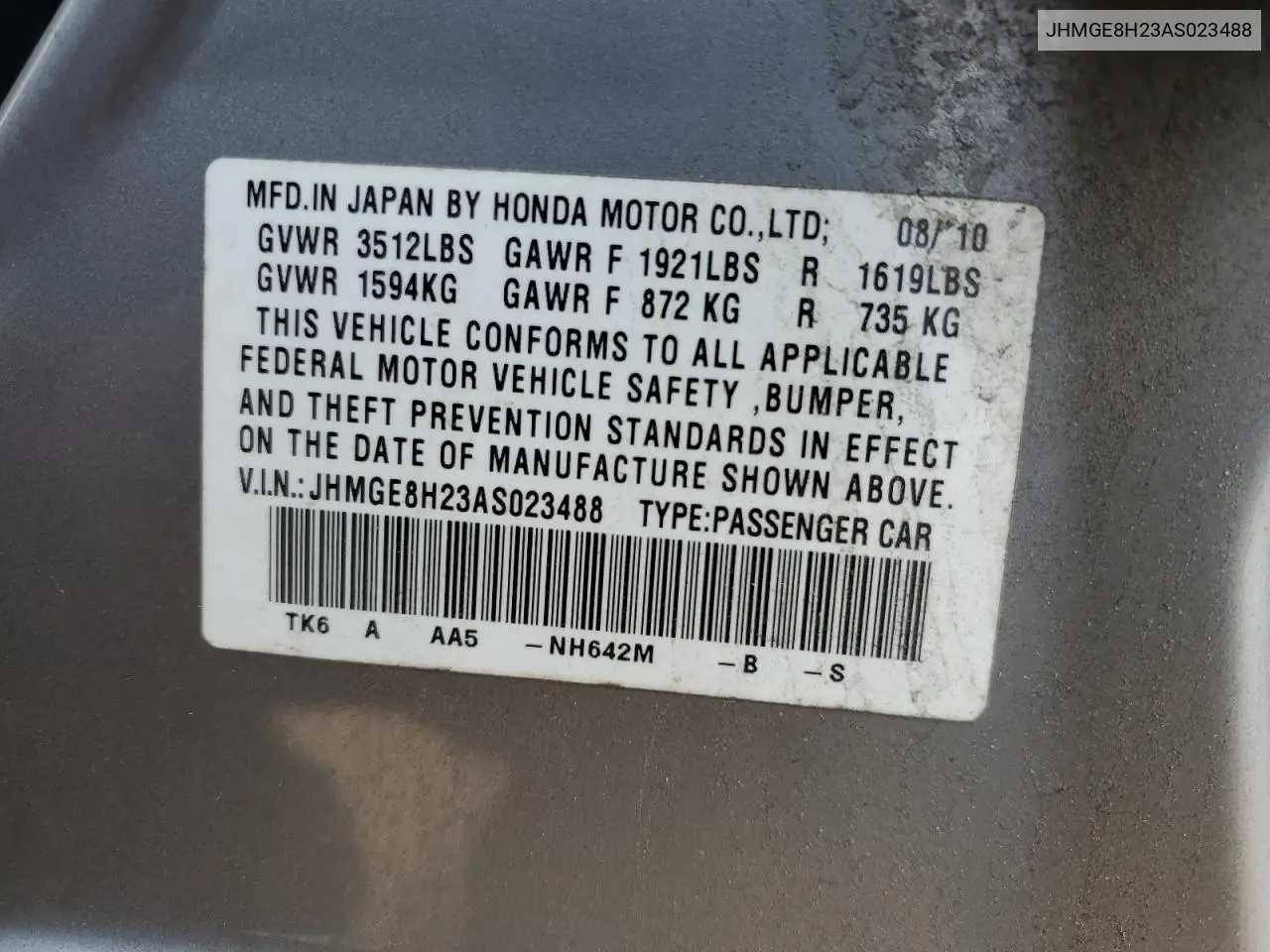 2010 Honda Fit VIN: JHMGE8H23AS023488 Lot: 56278665