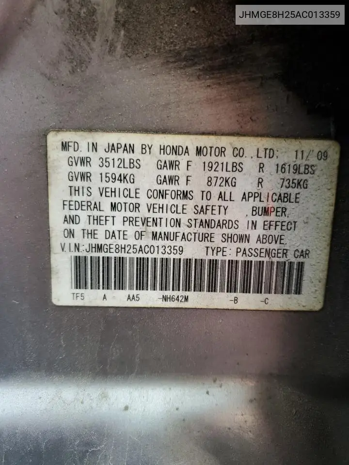 2010 Honda Fit VIN: JHMGE8H25AC013359 Lot: 56627425