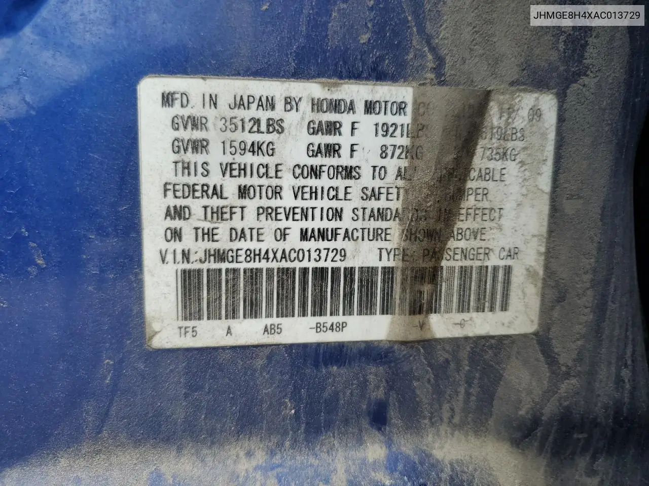 2010 Honda Fit Sport VIN: JHMGE8H4XAC013729 Lot: 56630845