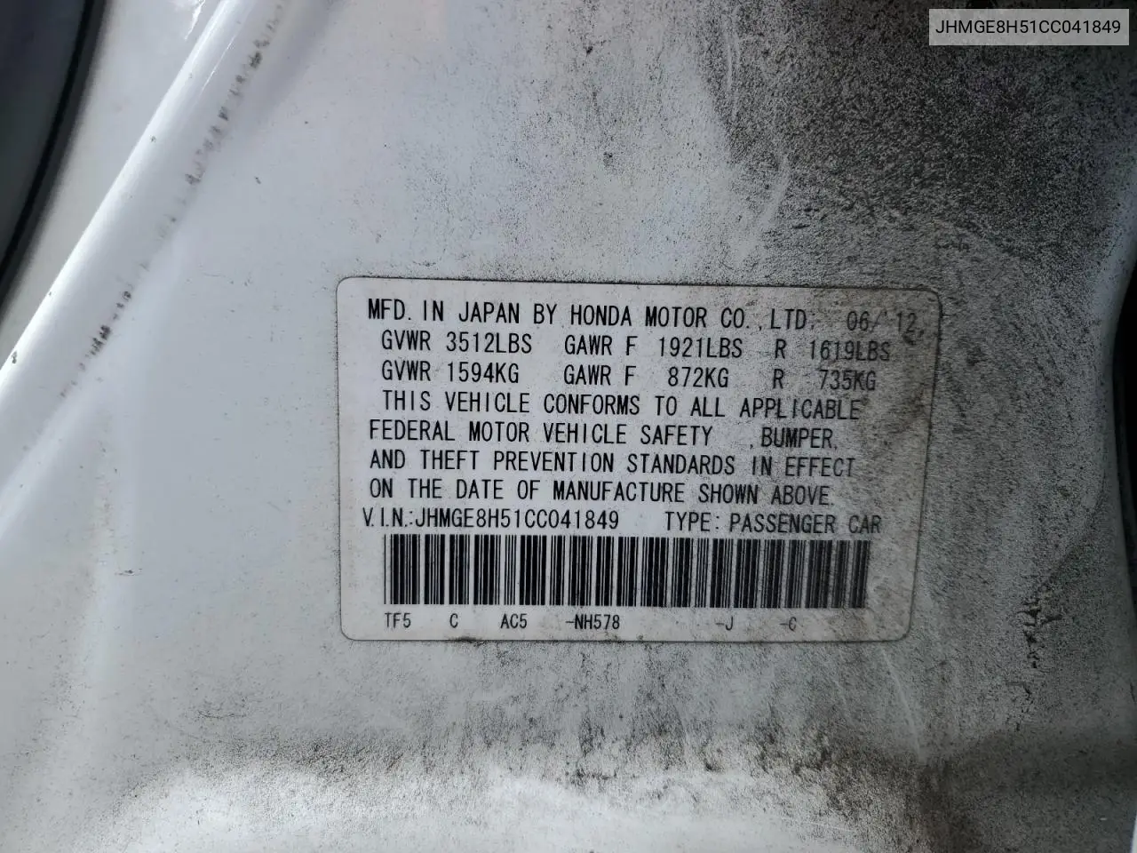 2012 Honda Fit Sport VIN: JHMGE8H51CC041849 Lot: 62390165