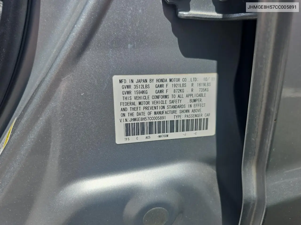 2012 Honda Fit Sport VIN: JHMGE8H57CC005891 Lot: 62764025
