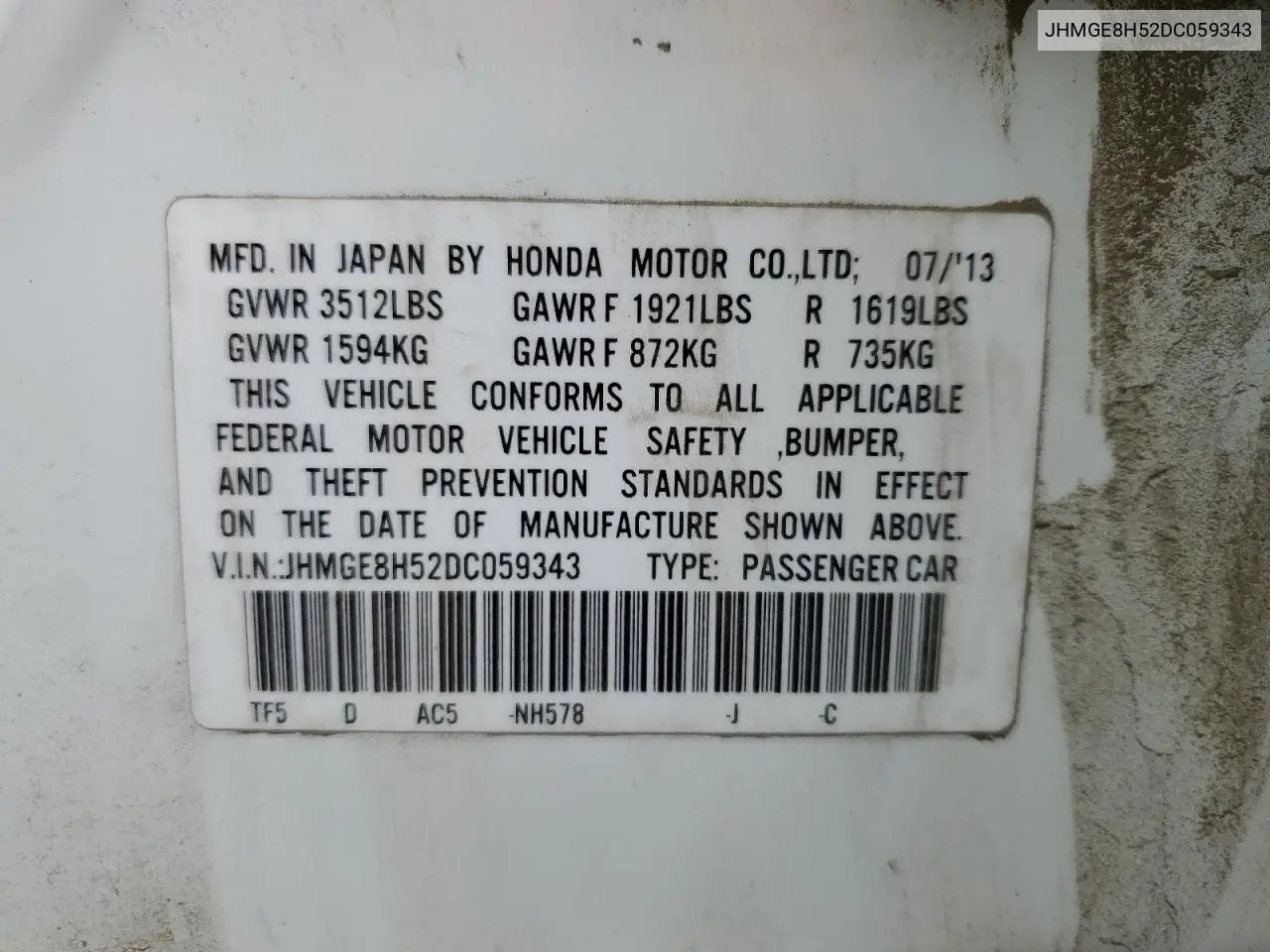 2013 Honda Fit Sport VIN: JHMGE8H52DC059343 Lot: 56765495