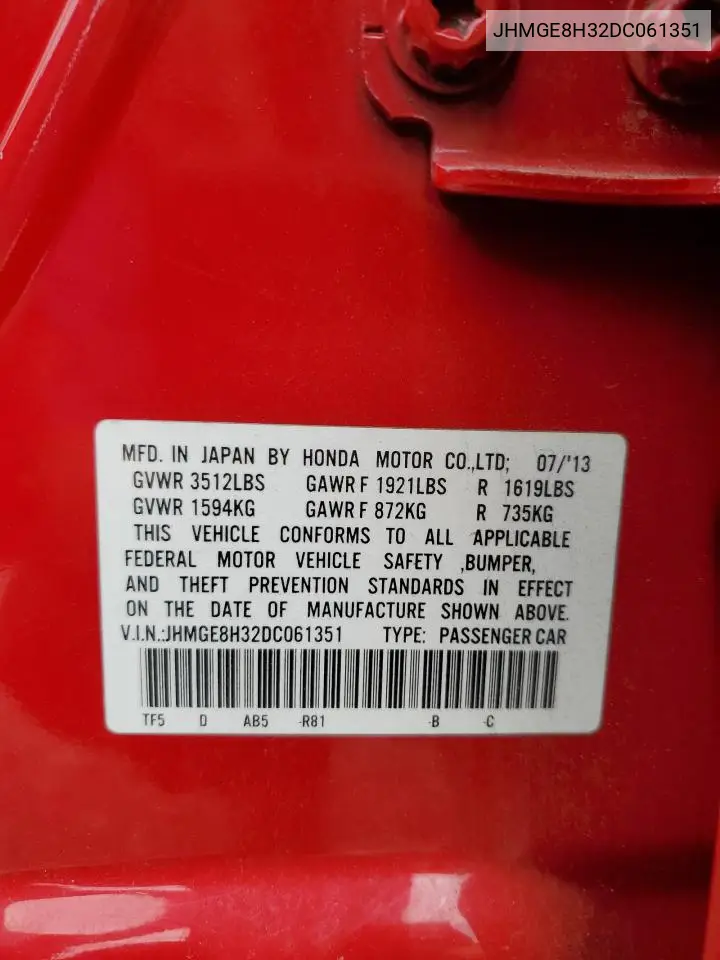 2013 Honda Fit VIN: JHMGE8H32DC061351 Lot: 62783995