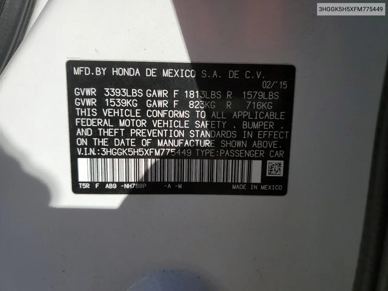 2015 Honda Fit Lx VIN: 3HGGK5H5XFM775449 Lot: 87631025
