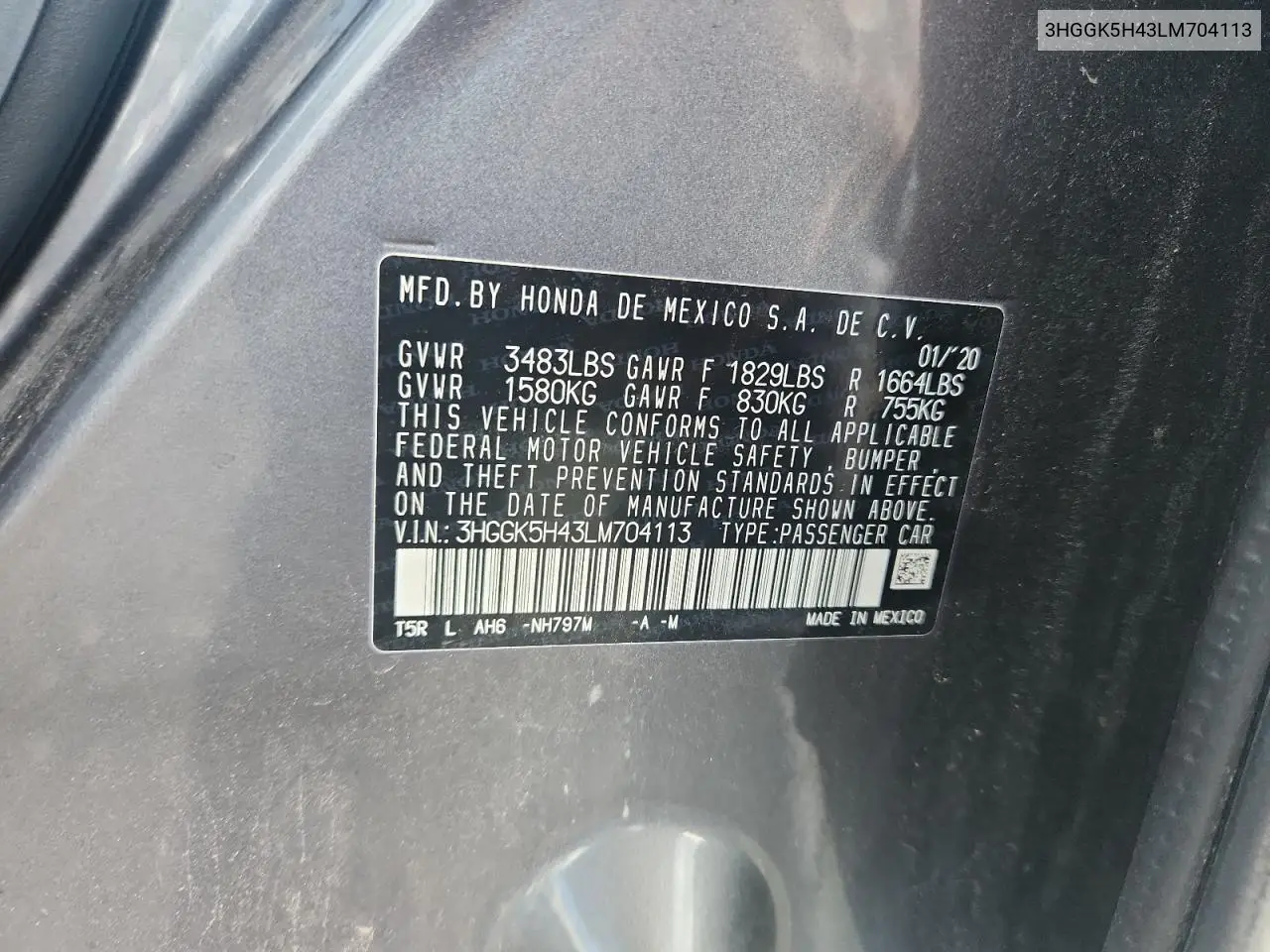 2020 Honda Fit Lx VIN: 3HGGK5H43LM704113 Lot: 64664215