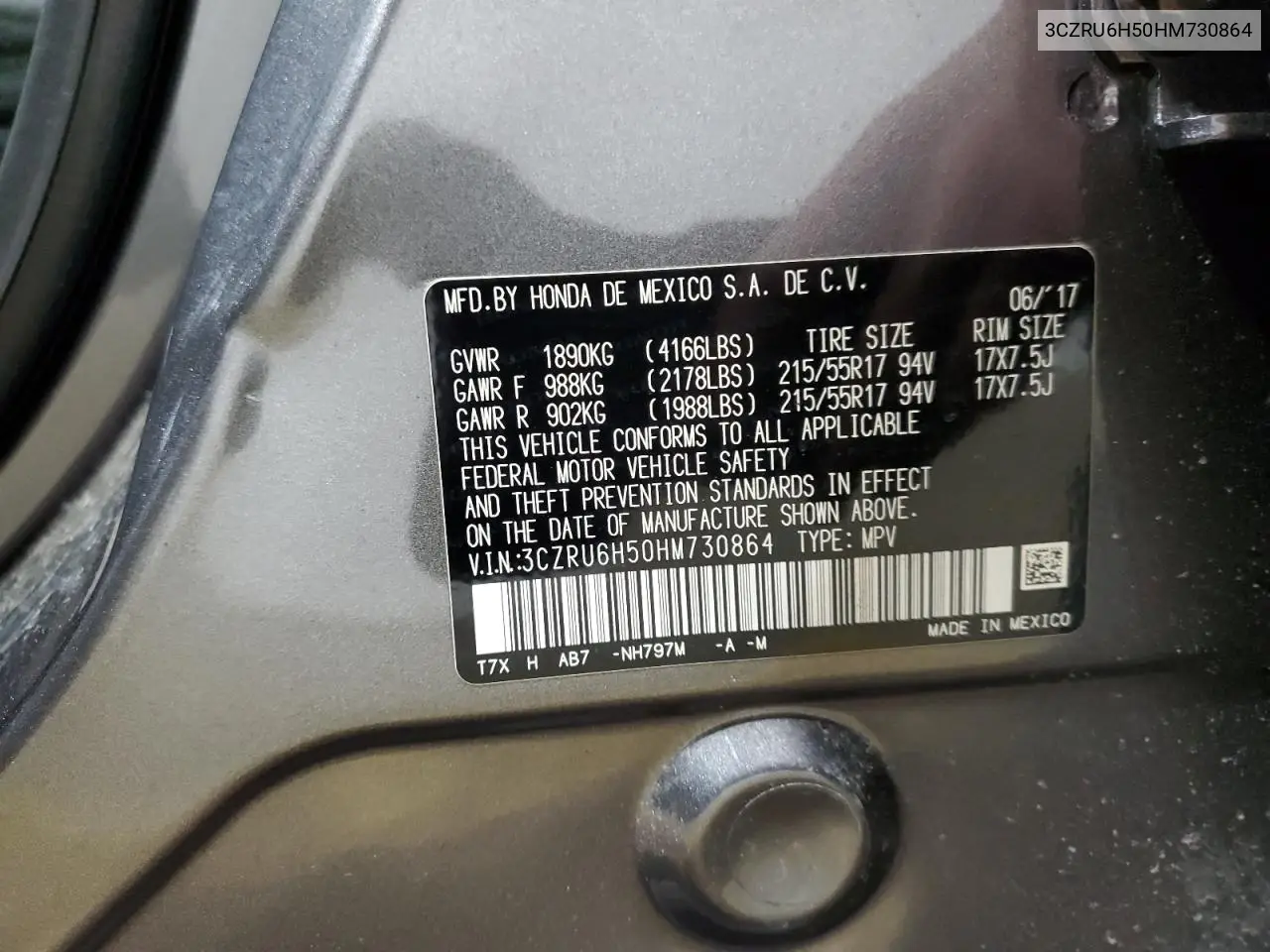 2017 Honda Hr-V Ex VIN: 3CZRU6H50HM730864 Lot: 52489145