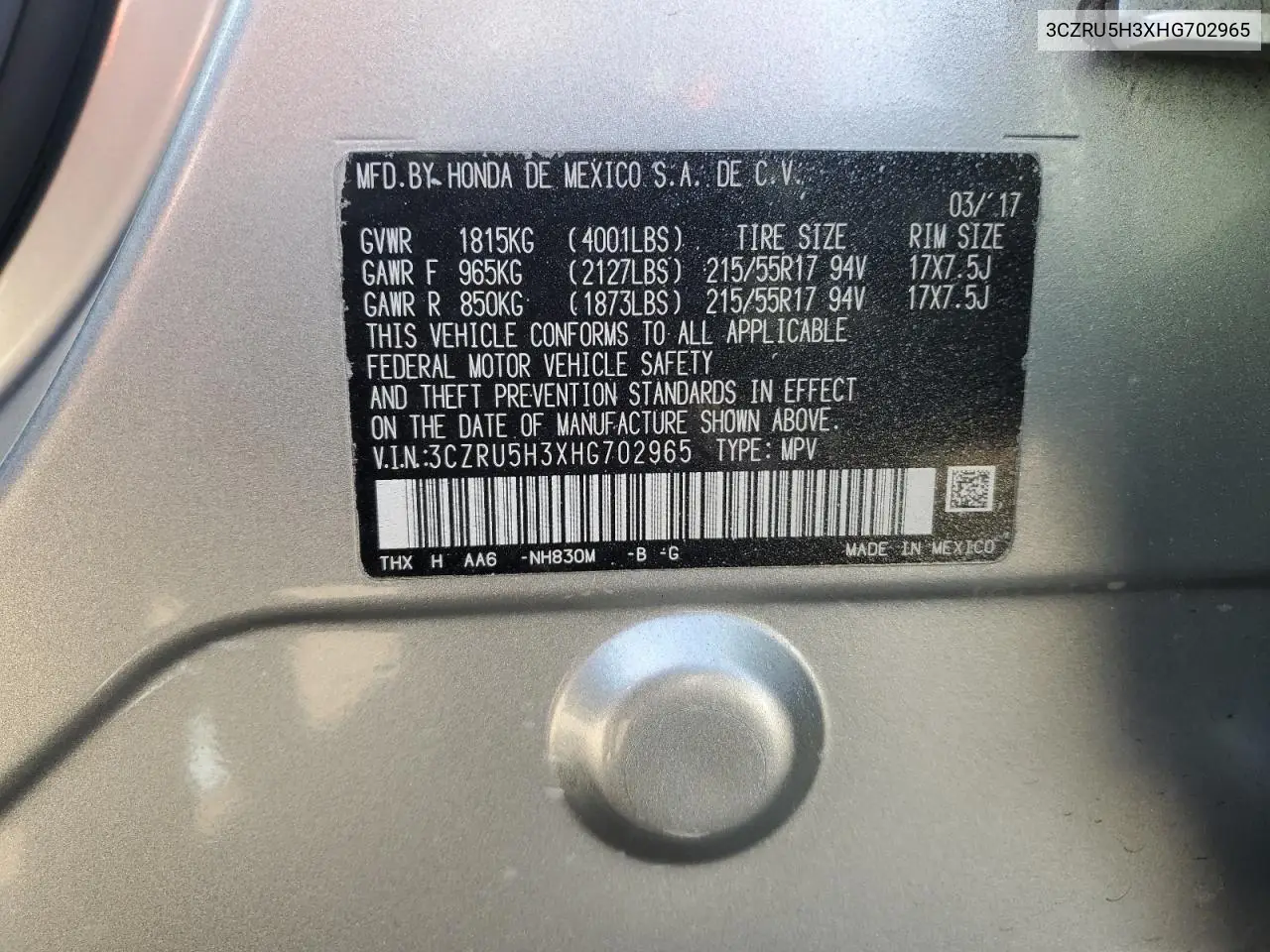 2017 Honda Hr-V Lx VIN: 3CZRU5H3XHG702965 Lot: 57352155