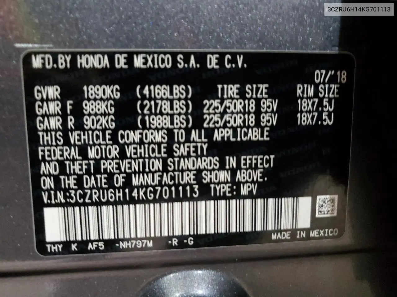2019 Honda Hr-V Sport VIN: 3CZRU6H14KG701113 Lot: 57031635