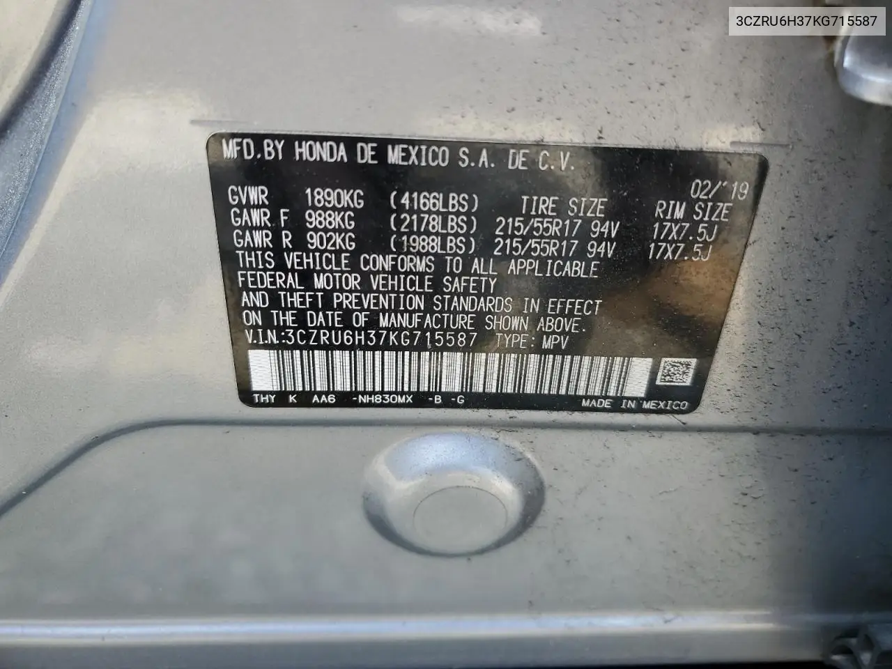 2019 Honda Hr-V Lx VIN: 3CZRU6H37KG715587 Lot: 62605045