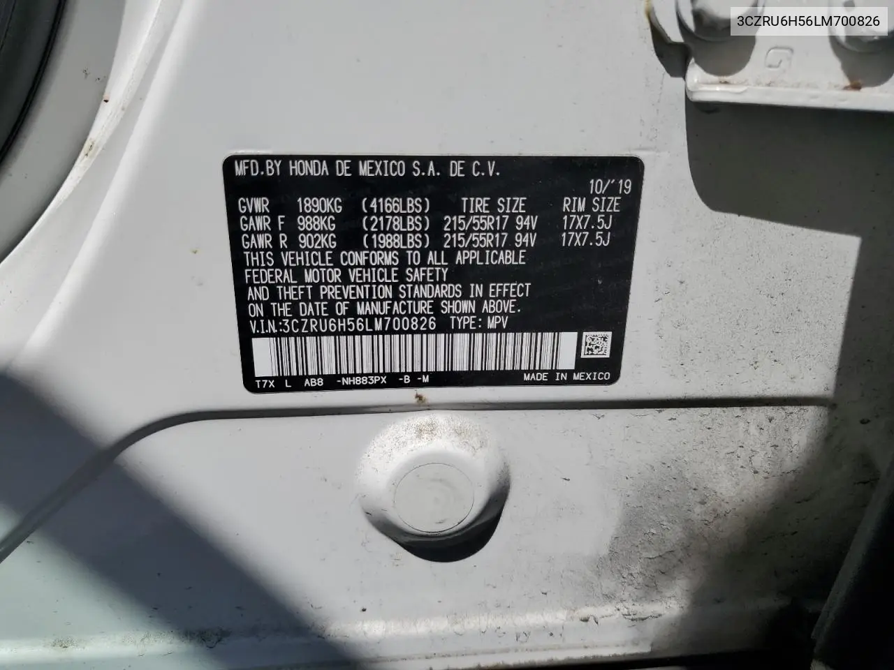 2020 Honda Hr-V Ex VIN: 3CZRU6H56LM700826 Lot: 65228835