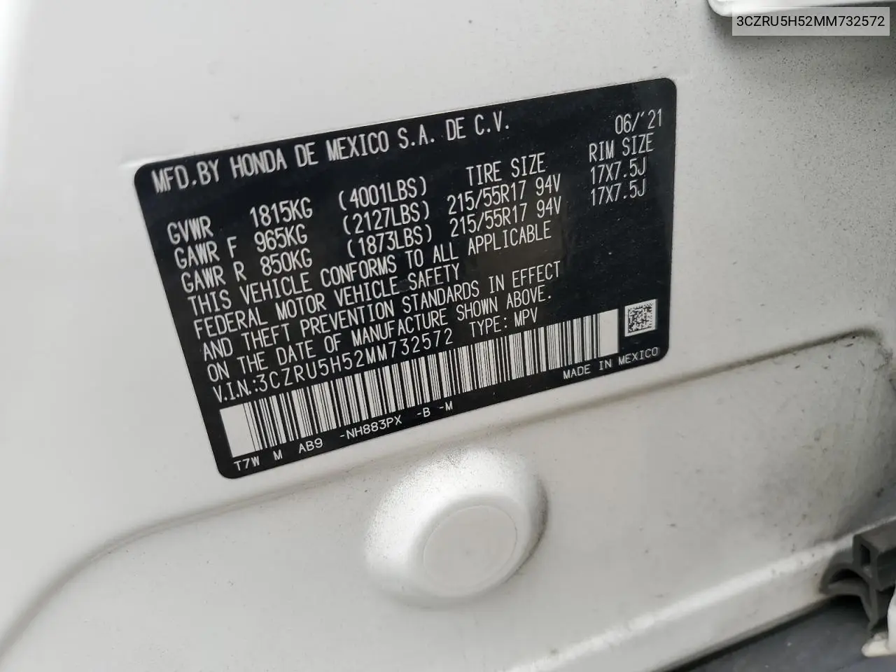 2021 Honda Hr-V Ex VIN: 3CZRU5H52MM732572 Lot: 54721525