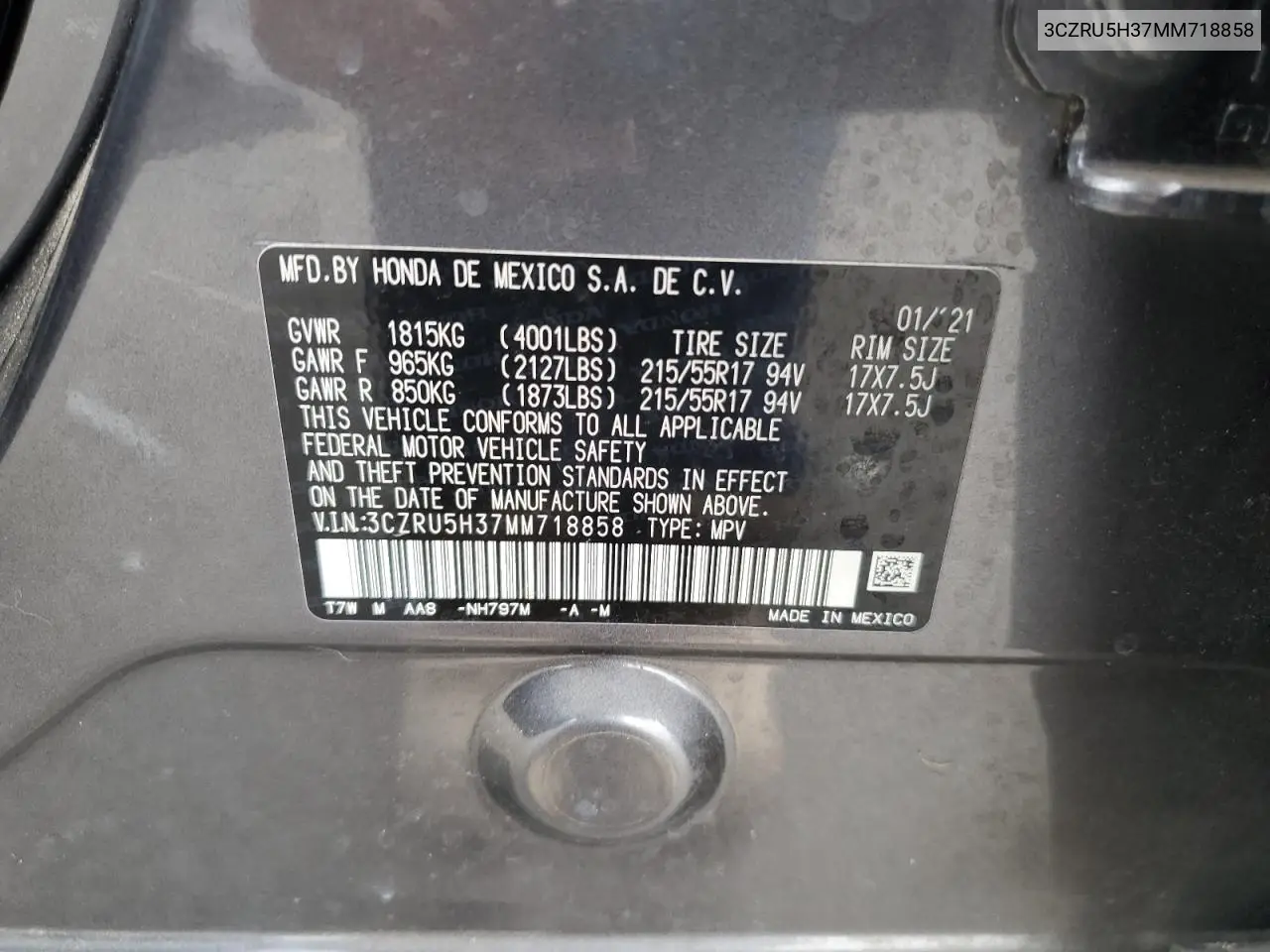 2021 Honda Hr-V Lx VIN: 3CZRU5H37MM718858 Lot: 61998645