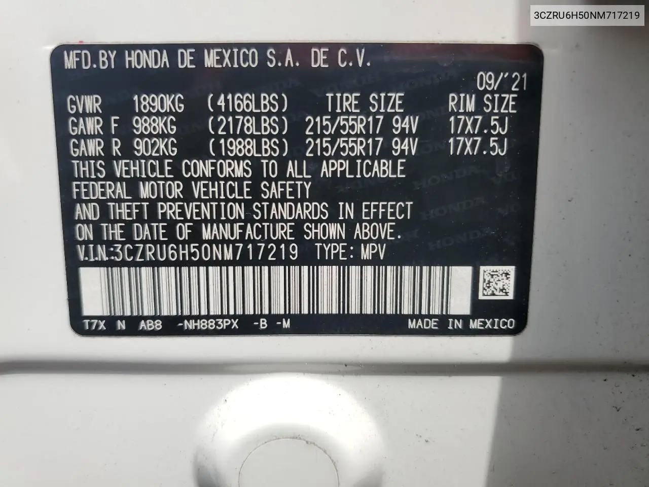 2022 Honda Hr-V Ex VIN: 3CZRU6H50NM717219 Lot: 56047795
