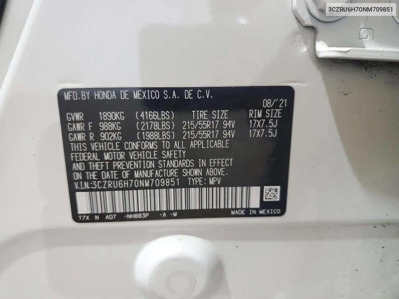 2022 Honda Hr-V Exl VIN: 3CZRU6H70NM709851 Lot: 65374615