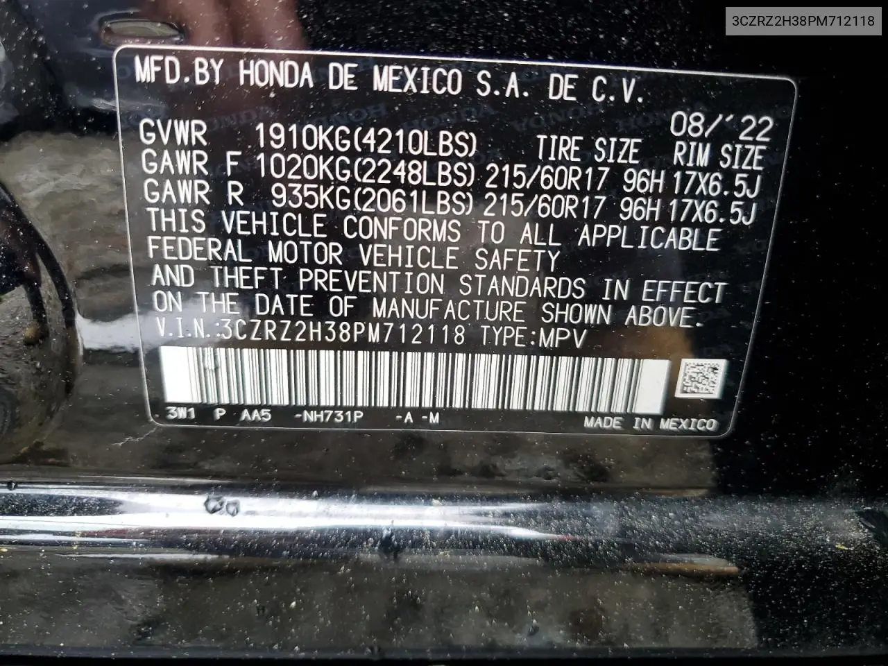 2023 Honda Hr-V Lx VIN: 3CZRZ2H38PM712118 Lot: 57176425