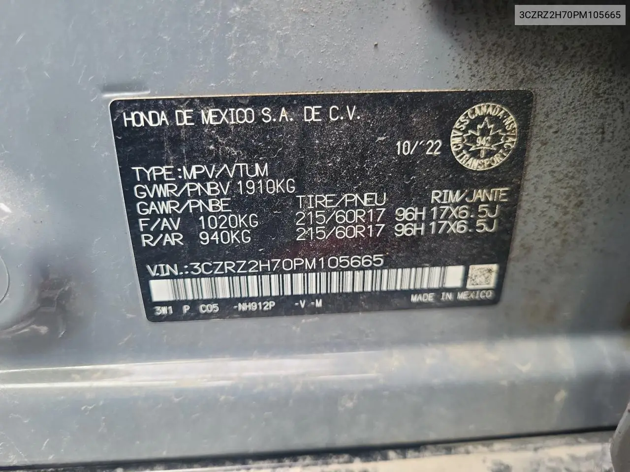 2023 Honda Hr-V Exl VIN: 3CZRZ2H70PM105665 Lot: 64442425