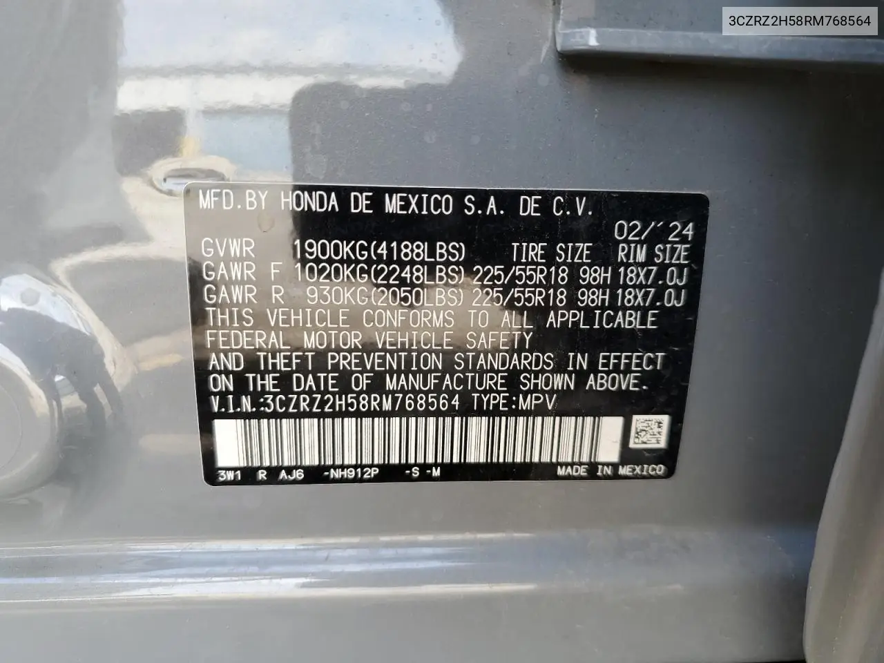 2024 Honda Hr-V Sport VIN: 3CZRZ2H58RM768564 Lot: 58698605