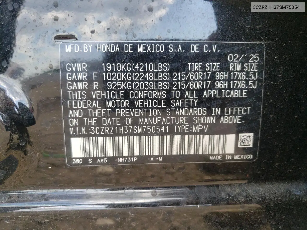 2025 Honda Hr-V Lx VIN: 3CZRZ1H37SM750541 Lot: 63195055