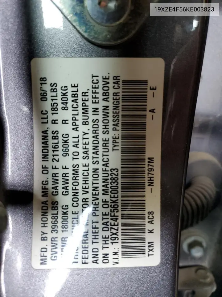 2019 Honda Insight Ex VIN: 19XZE4F56KE003823 Lot: 56842605