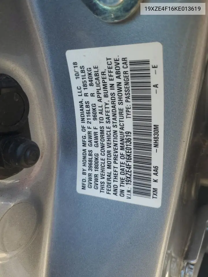2019 Honda Insight Lx VIN: 19XZE4F16KE013619 Lot: 62589015