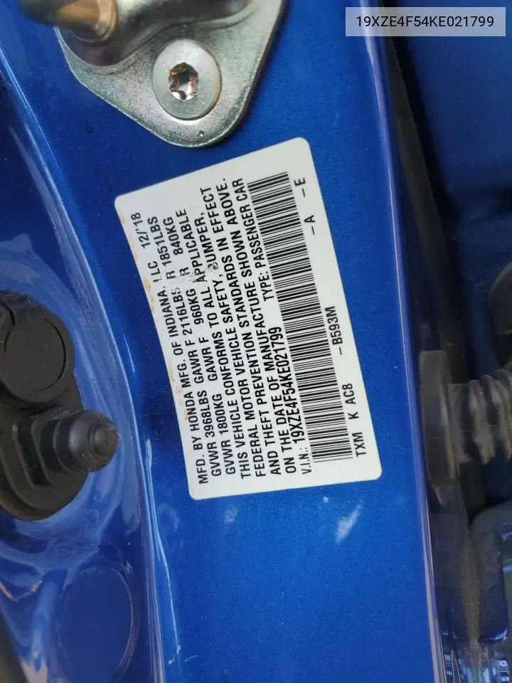 2019 Honda Insight Ex VIN: 19XZE4F54KE021799 Lot: 62747265