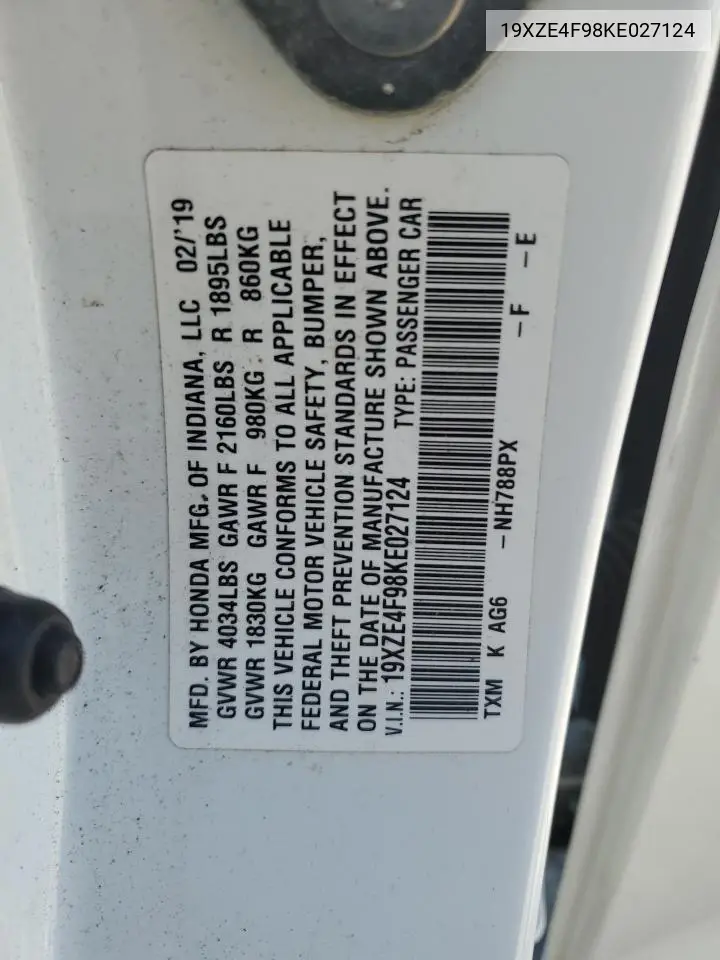2019 Honda Insight Touring VIN: 19XZE4F98KE027124 Lot: 63069255
