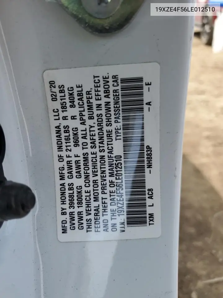 2020 Honda Insight Ex VIN: 19XZE4F56LE012510 Lot: 52034875