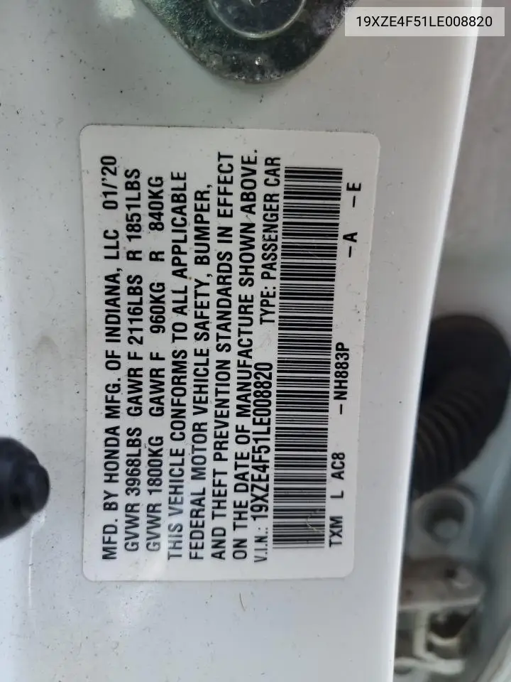 2020 Honda Insight Ex VIN: 19XZE4F51LE008820 Lot: 55983345