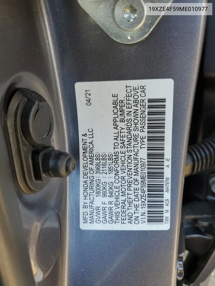 2021 Honda Insight Ex VIN: 19XZE4F59ME010977 Lot: 63255135