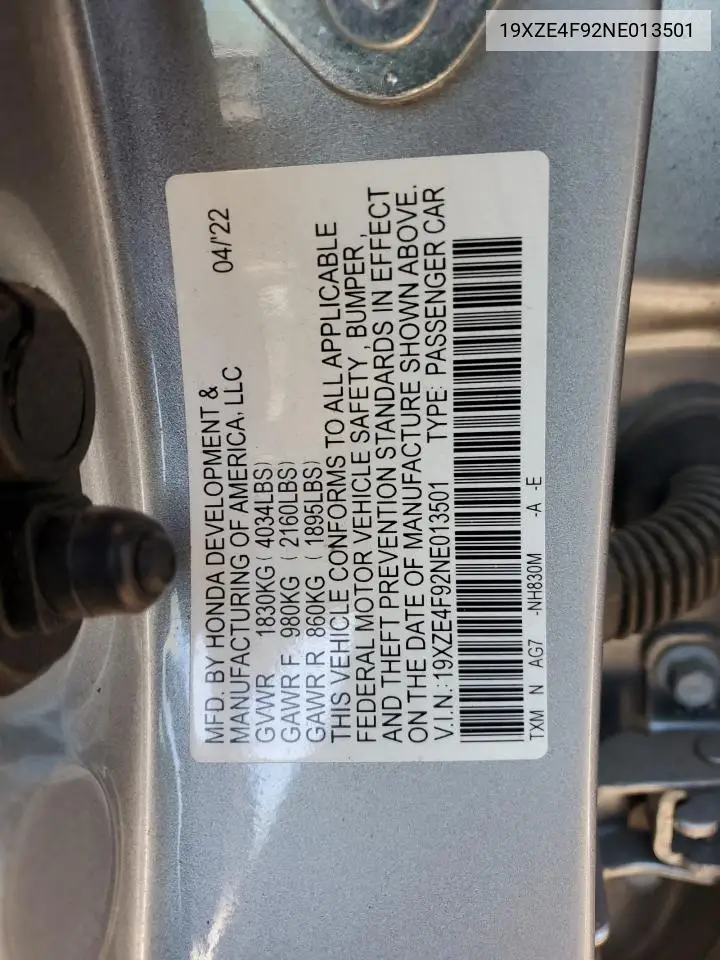 2022 Honda Insight Touring VIN: 19XZE4F92NE013501 Lot: 56041415