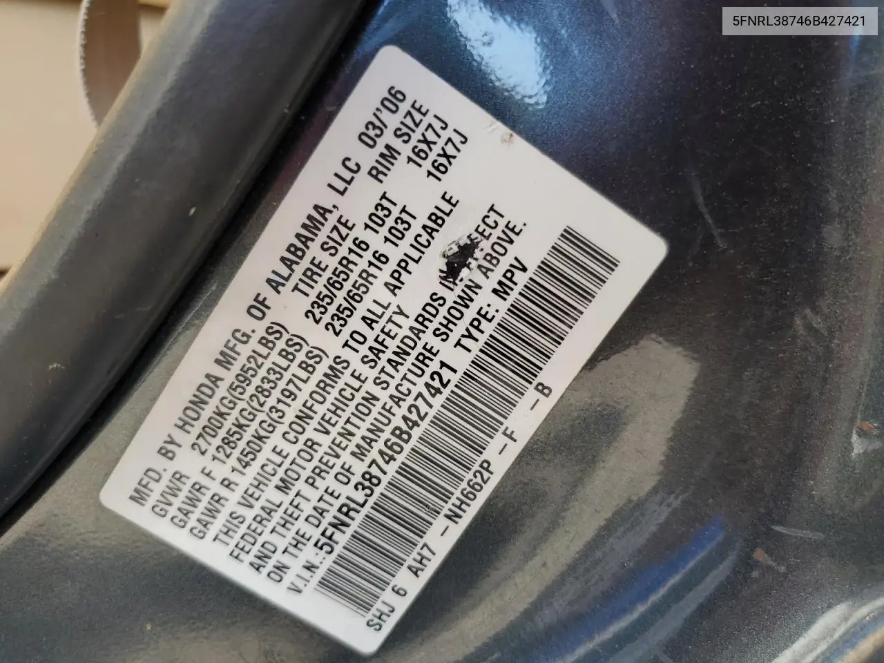 2006 Honda Odyssey Exl VIN: 5FNRL38746B427421 Lot: 53457445