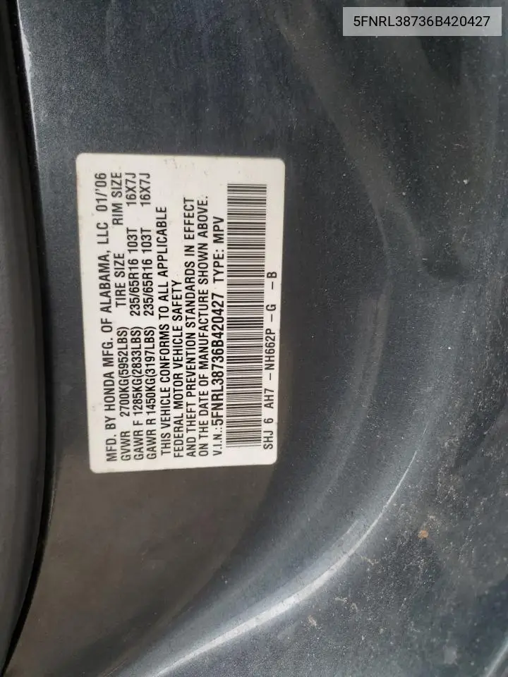 2006 Honda Odyssey Exl VIN: 5FNRL38736B420427 Lot: 62680165