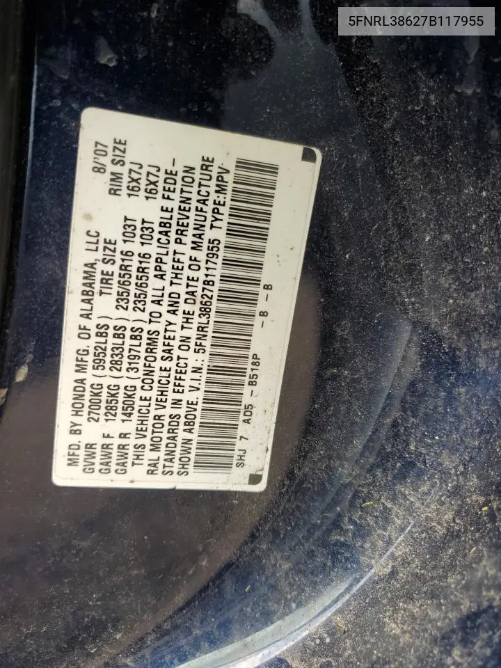 2007 Honda Odyssey Exl VIN: 5FNRL38627B117955 Lot: 62692435