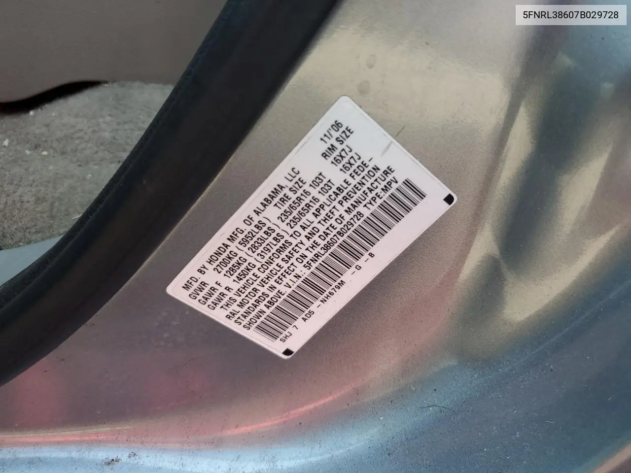 2007 Honda Odyssey Exl VIN: 5FNRL38607B029728 Lot: 65721205
