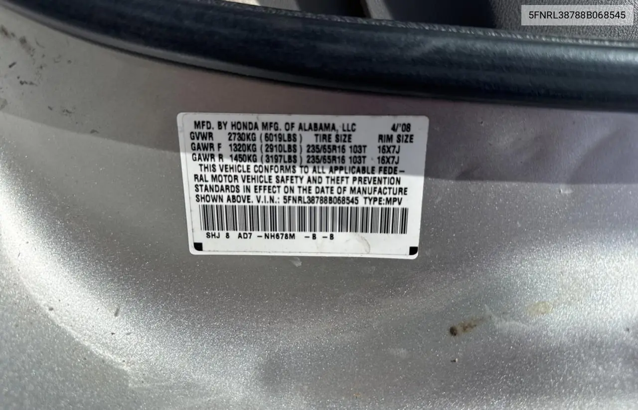 2008 Honda Odyssey Exl VIN: 5FNRL38788B068545 Lot: 57118285
