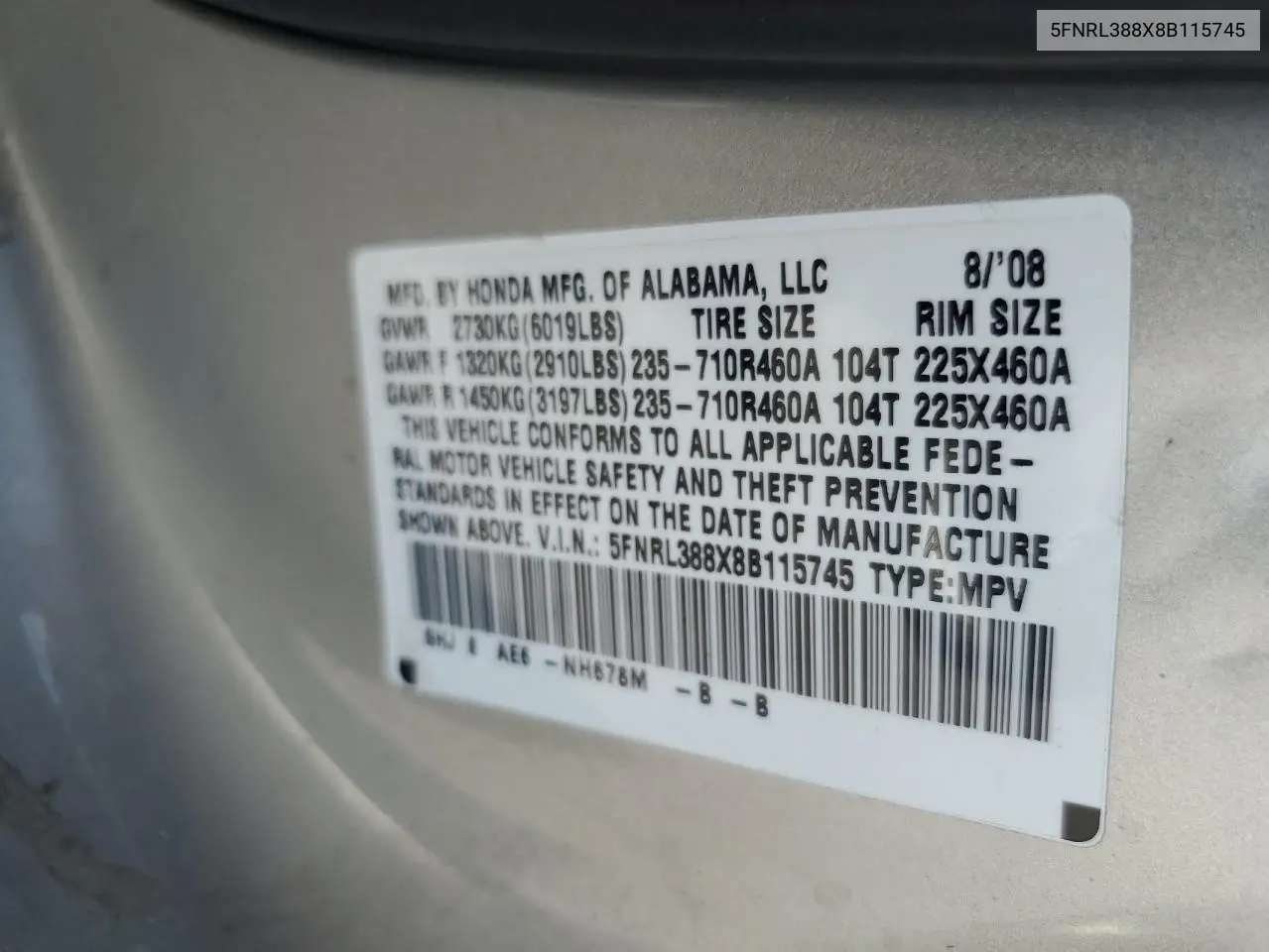 2008 Honda Odyssey Touring VIN: 5FNRL388X8B115745 Lot: 61611275