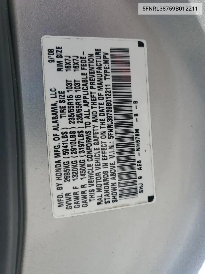 2009 Honda Odyssey Exl VIN: 5FNRL38759B012211 Lot: 63040575