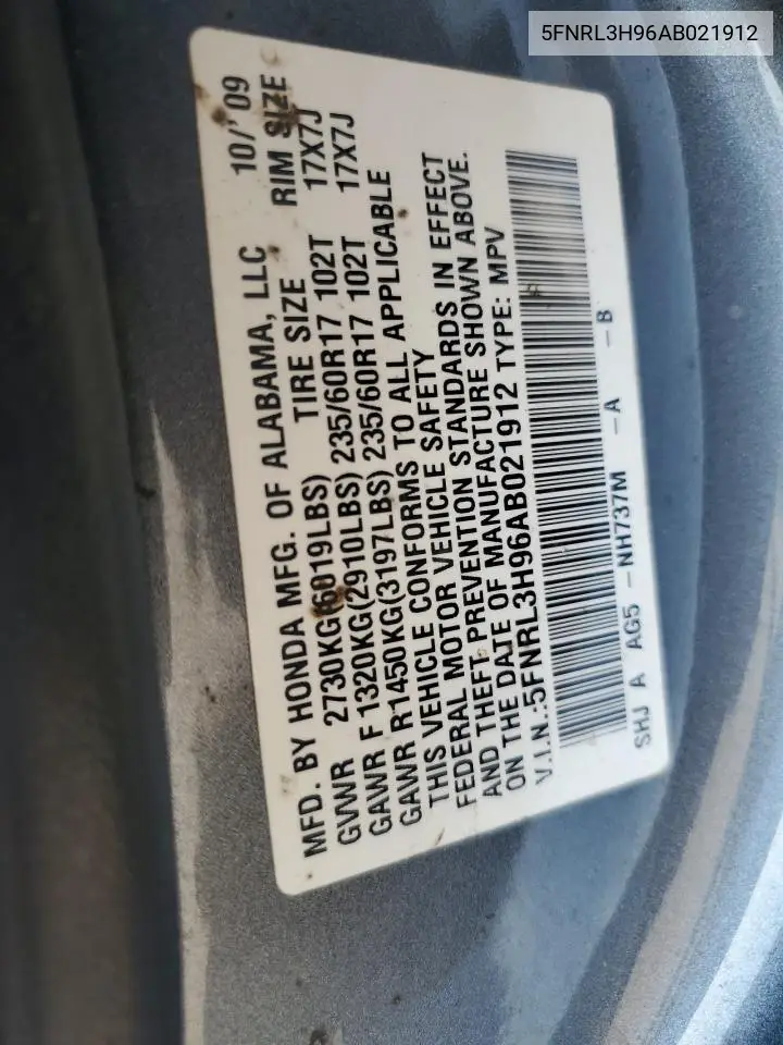 2010 Honda Odyssey Touring VIN: 5FNRL3H96AB021912 Lot: 62161545