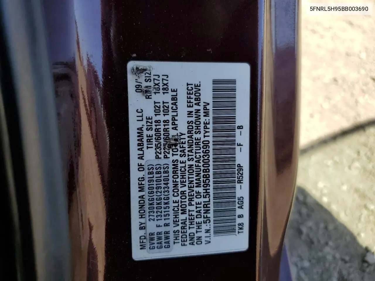 2011 Honda Odyssey Touring VIN: 5FNRL5H95BB003690 Lot: 56215185