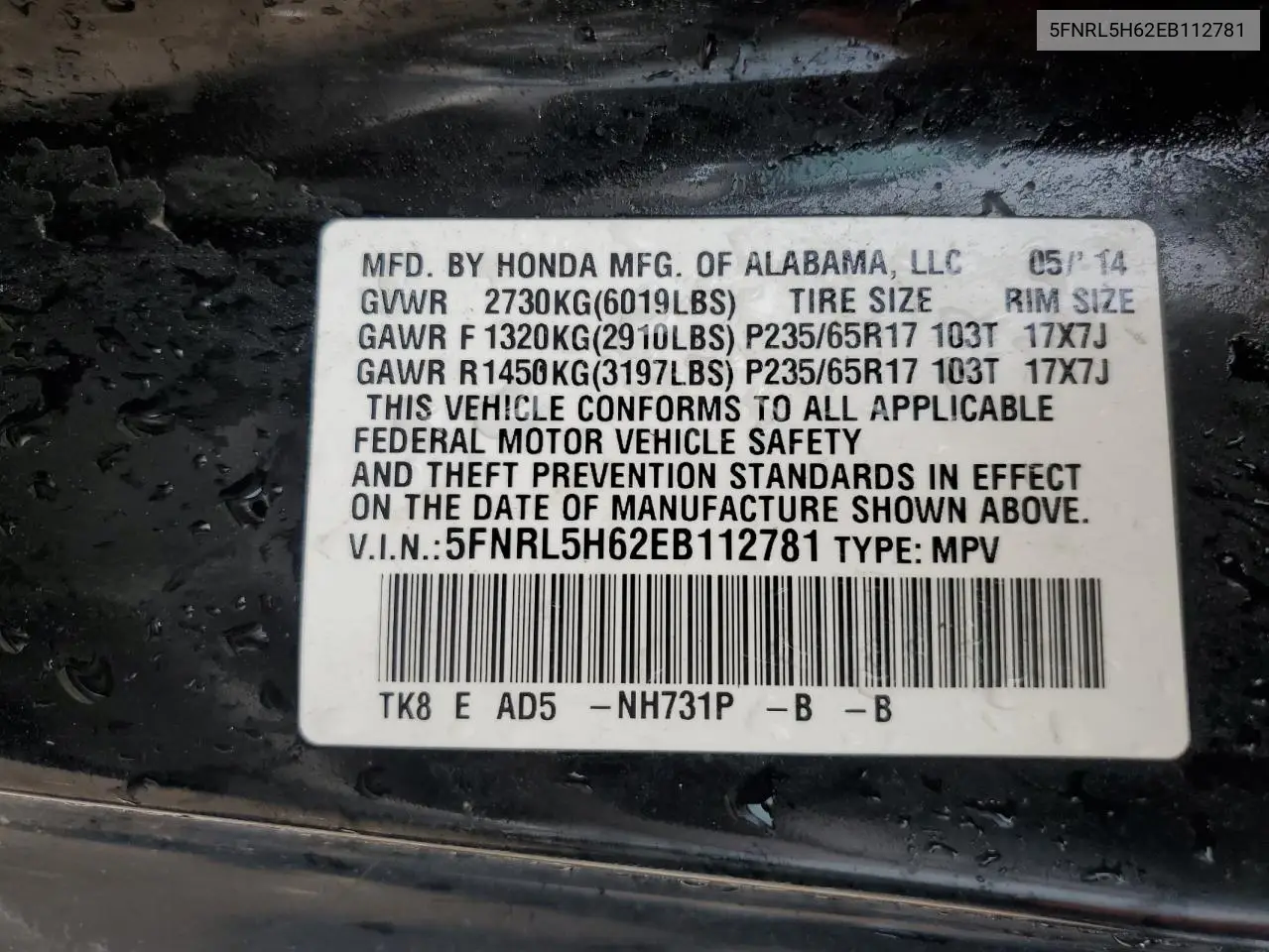 2014 Honda Odyssey Exl VIN: 5FNRL5H62EB112781 Lot: 55053255
