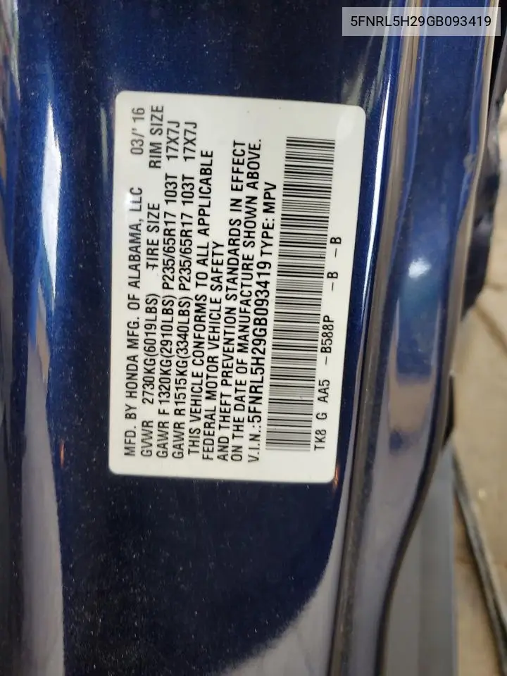 2016 Honda Odyssey Lx VIN: 5FNRL5H29GB093419 Lot: 62957905
