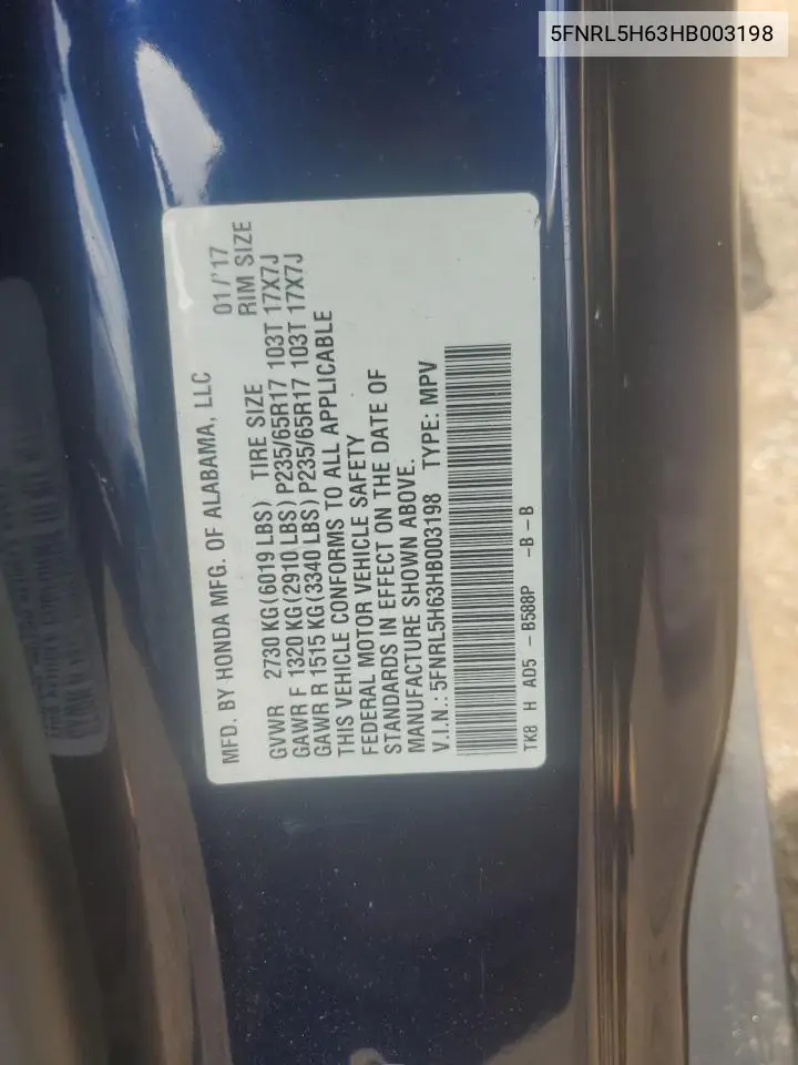 2017 Honda Odyssey Exl VIN: 5FNRL5H63HB003198 Lot: 62858015