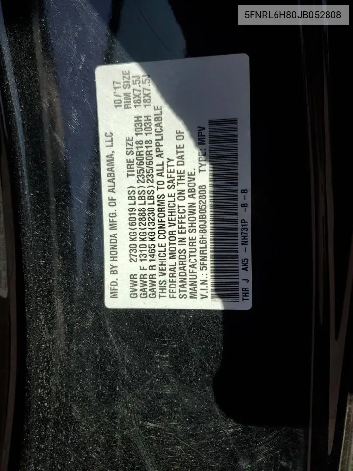 2018 Honda Odyssey Touring VIN: 5FNRL6H80JB052808 Lot: 63310555