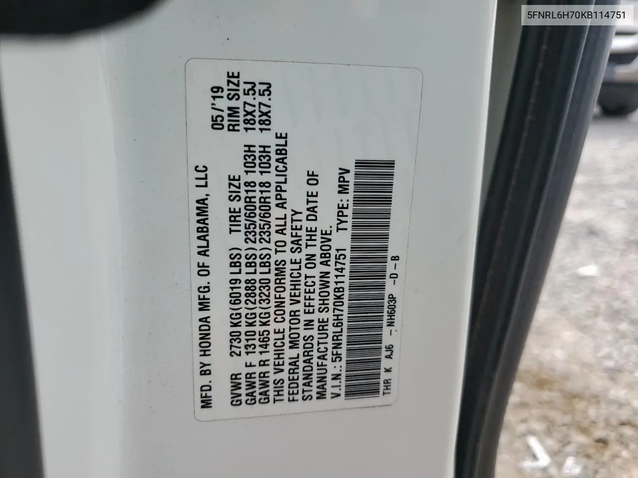 2019 Honda Odyssey Exl VIN: 5FNRL6H70KB114751 Lot: 56050635